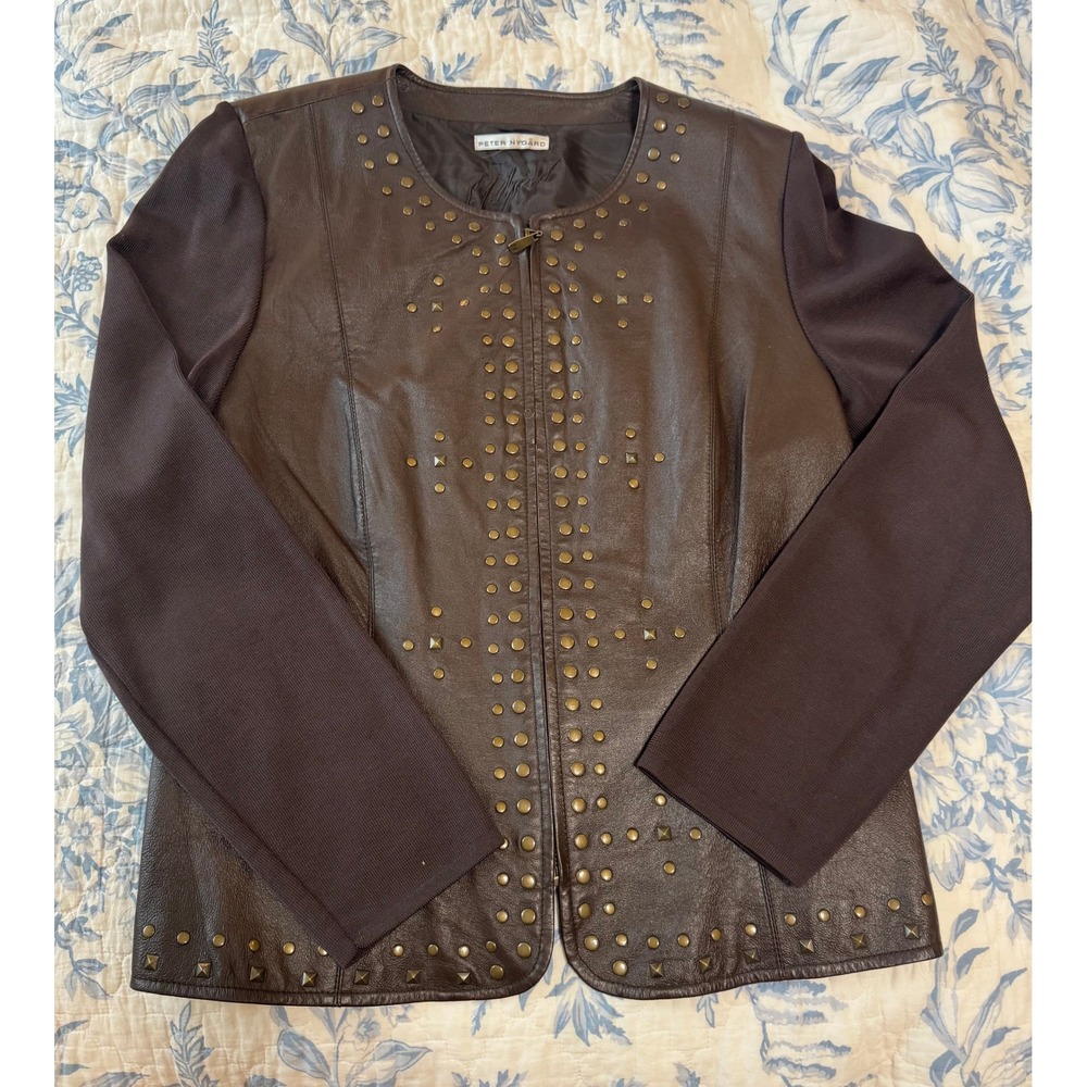 Peter Nygard Brown Genuine Leather Studded Mixed Media Moto Jacket, Size Medium